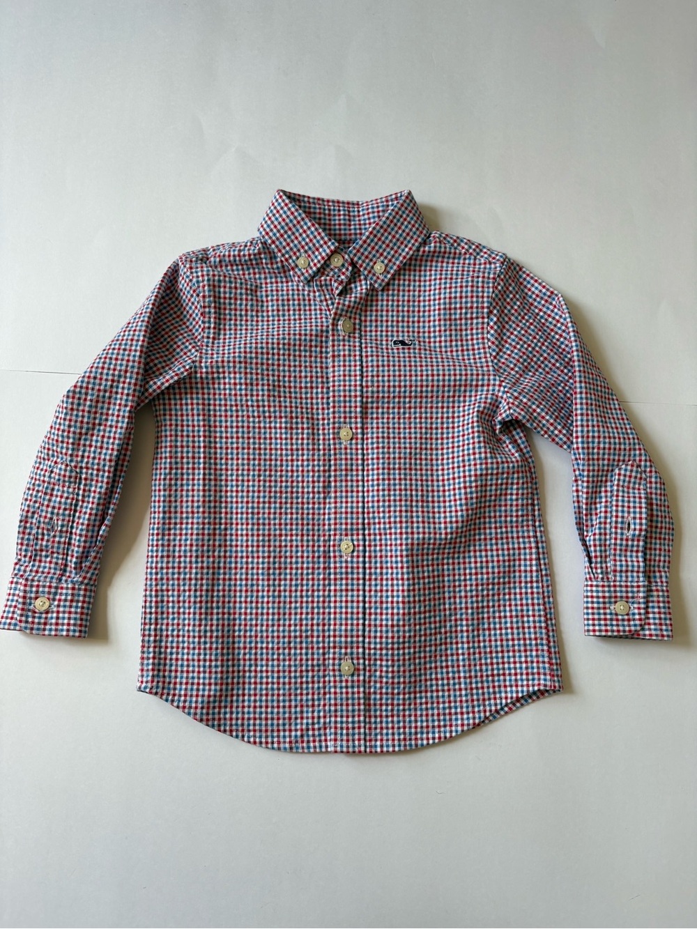 Vineyard Vines Tattersall Seersucker Whale Logo Dress Shirt Plaid Red Blue 2T